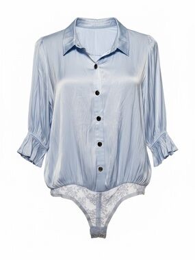 Camillia Light Blue Satin Button-Front Bodysuit size medium